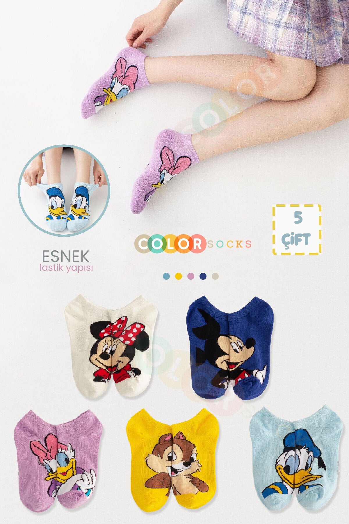 Color Socks 5'li Kadın Çizgi Karakter Patik Çorap Seti (Comfort Soft) Karışık