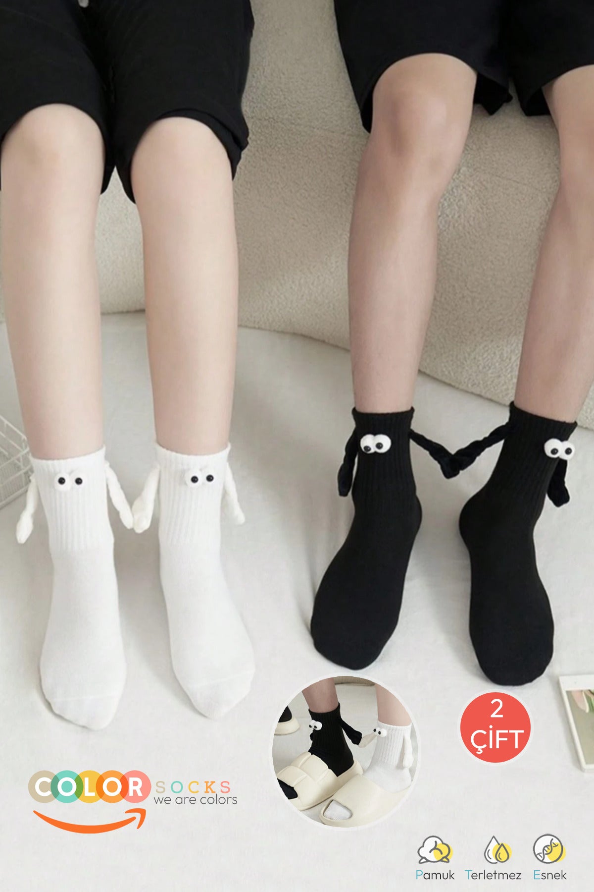 Color Socks 2 Çift Siyah Beyaz Sevgili Çorabı Mıknatıslı El Ele Tutuşan Siyah-Beyaz