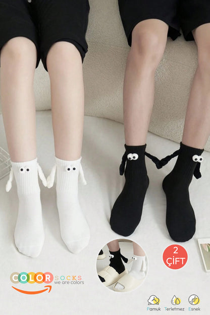 Color Socks 2 Çift Siyah Beyaz Sevgili Çorabı Mıknatıslı El Ele Tutuşan Siyah-Beyaz