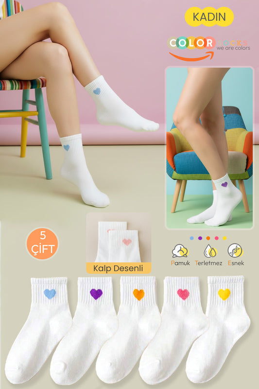 Color Socks 5 Çift Beyaz Renkli Kalp Desenli Kadın Çorap (Extra Soft) Beyaz