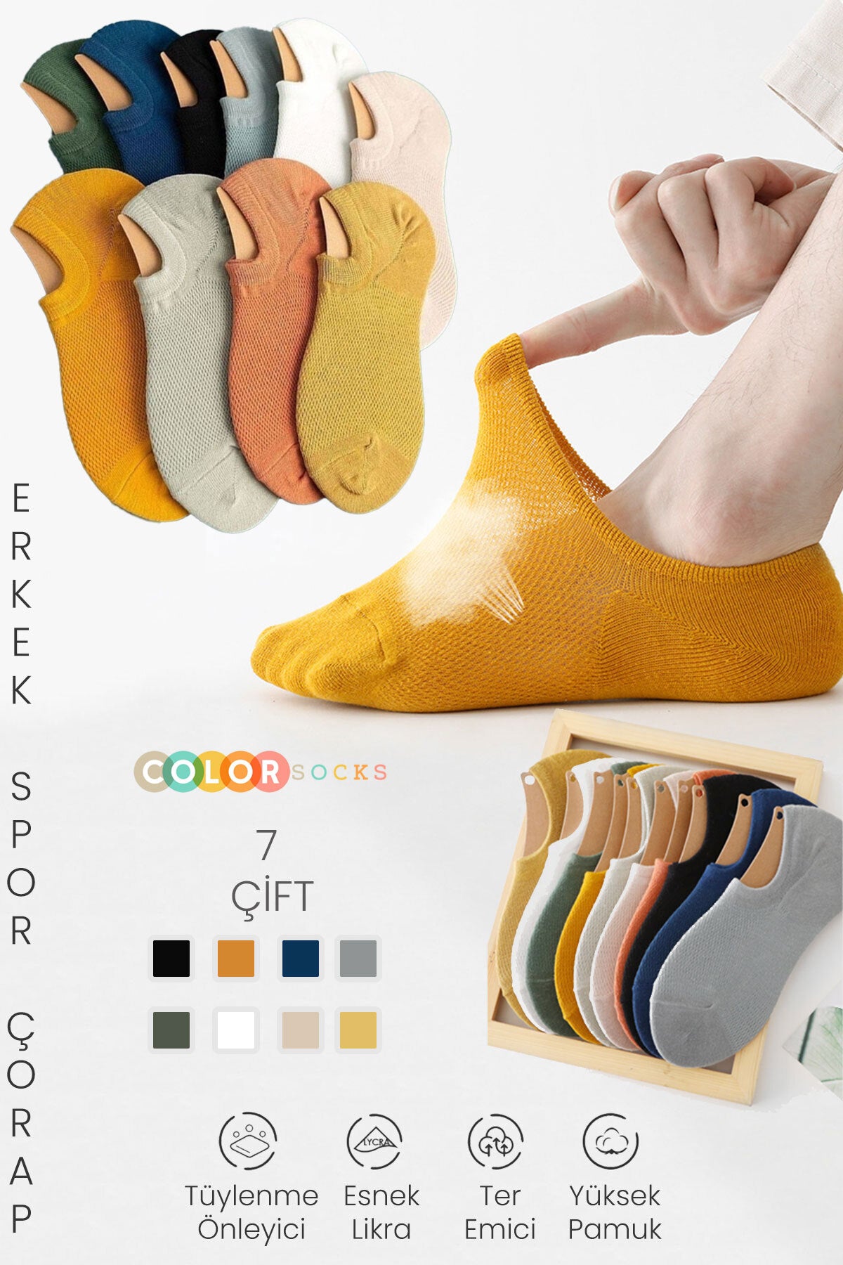 Color Socks 7 Çift Erkek Sneakers Yazlık Spor Çorap Seti (NEFES ALABİLEN) Çok Renkli