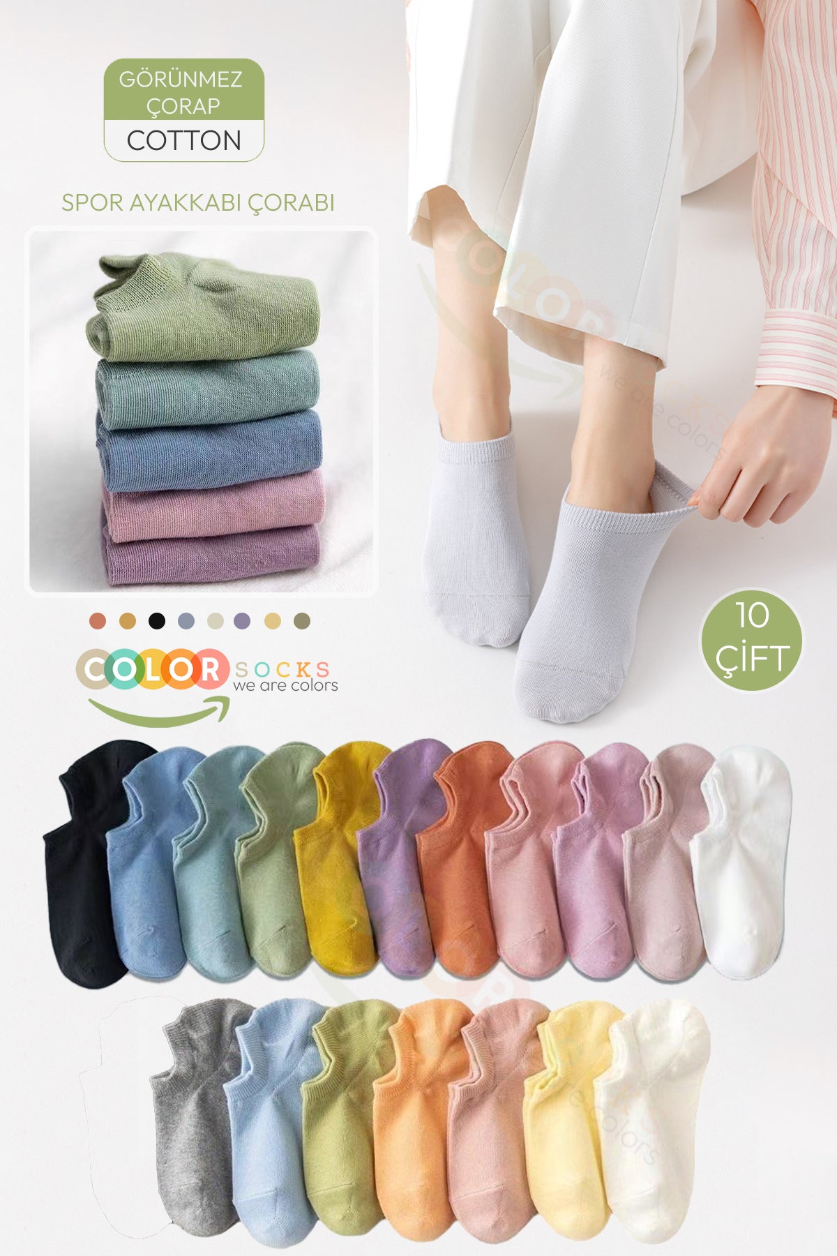 Color Socks 10 Çift Renkli Spor Ayakkabı Çorabı Pamuklu Likralı Penye Çok Renkli