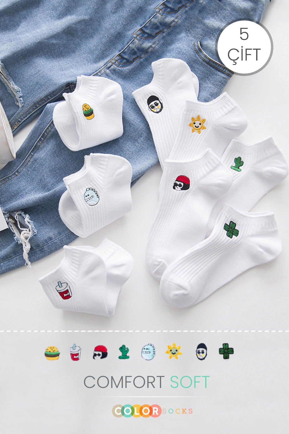 Color Socks 5 Çift Eğlenceli Kadın Çorap Set (COMFORT SOFT) Beyaz