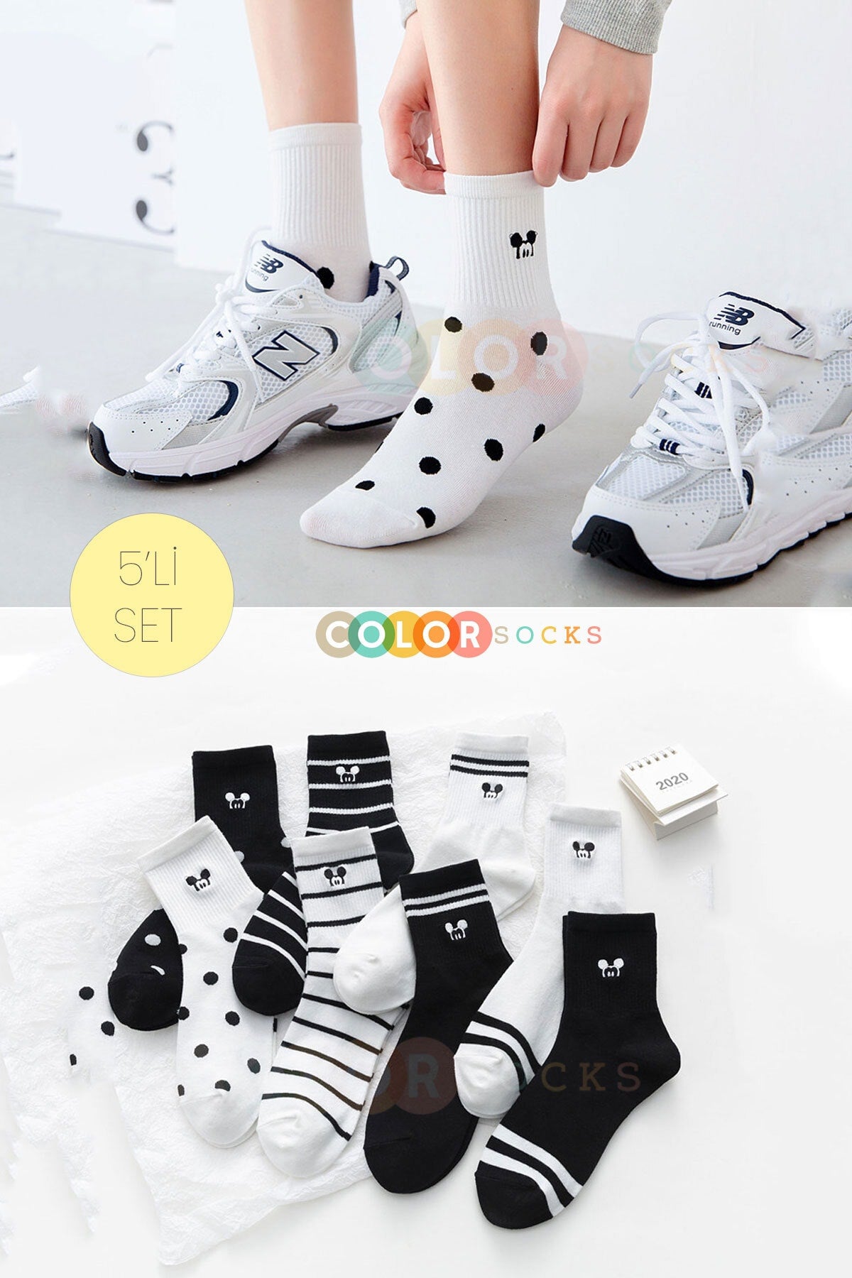 Color Socks 5 Çift Kolej Mickey Mouse Desenli Kadın Çorap Çok Renkli