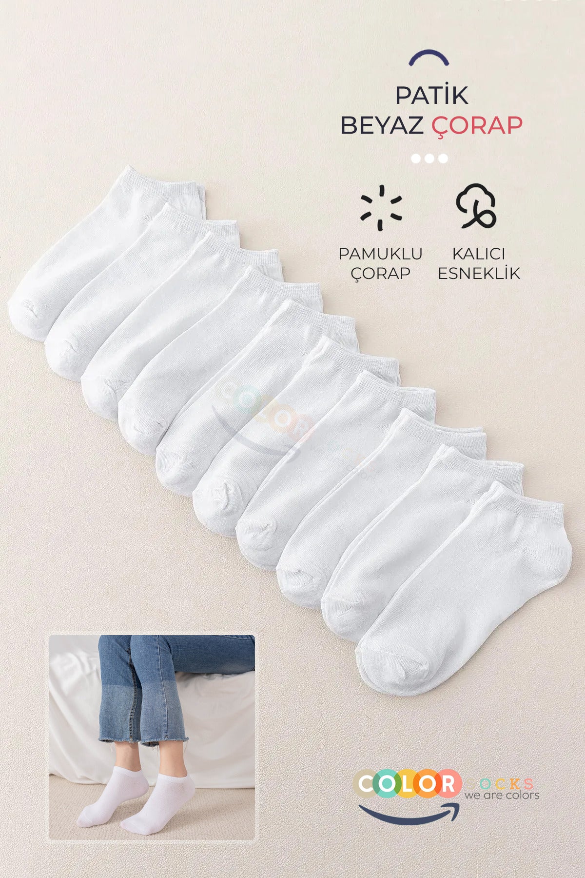 Color Socks Pamuk Kadın Beyaz Terletmez Tekli Patik Çorap (Extra Soft) Beyaz