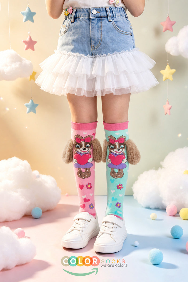 Color Socks 1 Çift Turkuaz & Pembe Peluş Kulaklı Sevimli Köpek Desenli Çorap (TOPUKSUZ) Çok Renkli