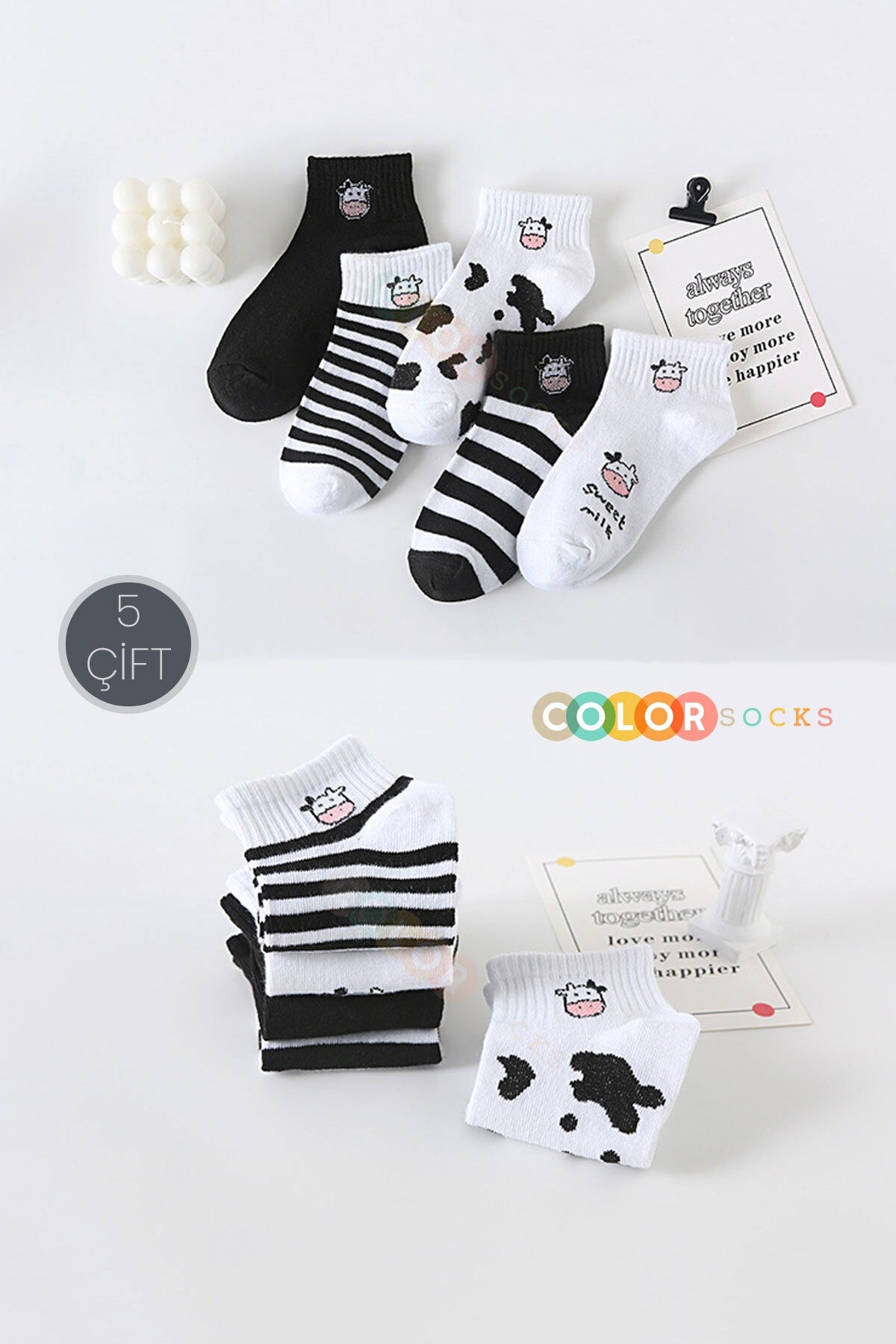 Color Socks 5 Çift Sevimli Inek Desenli Yarım Konç Kadın Çorap Çok Renkli