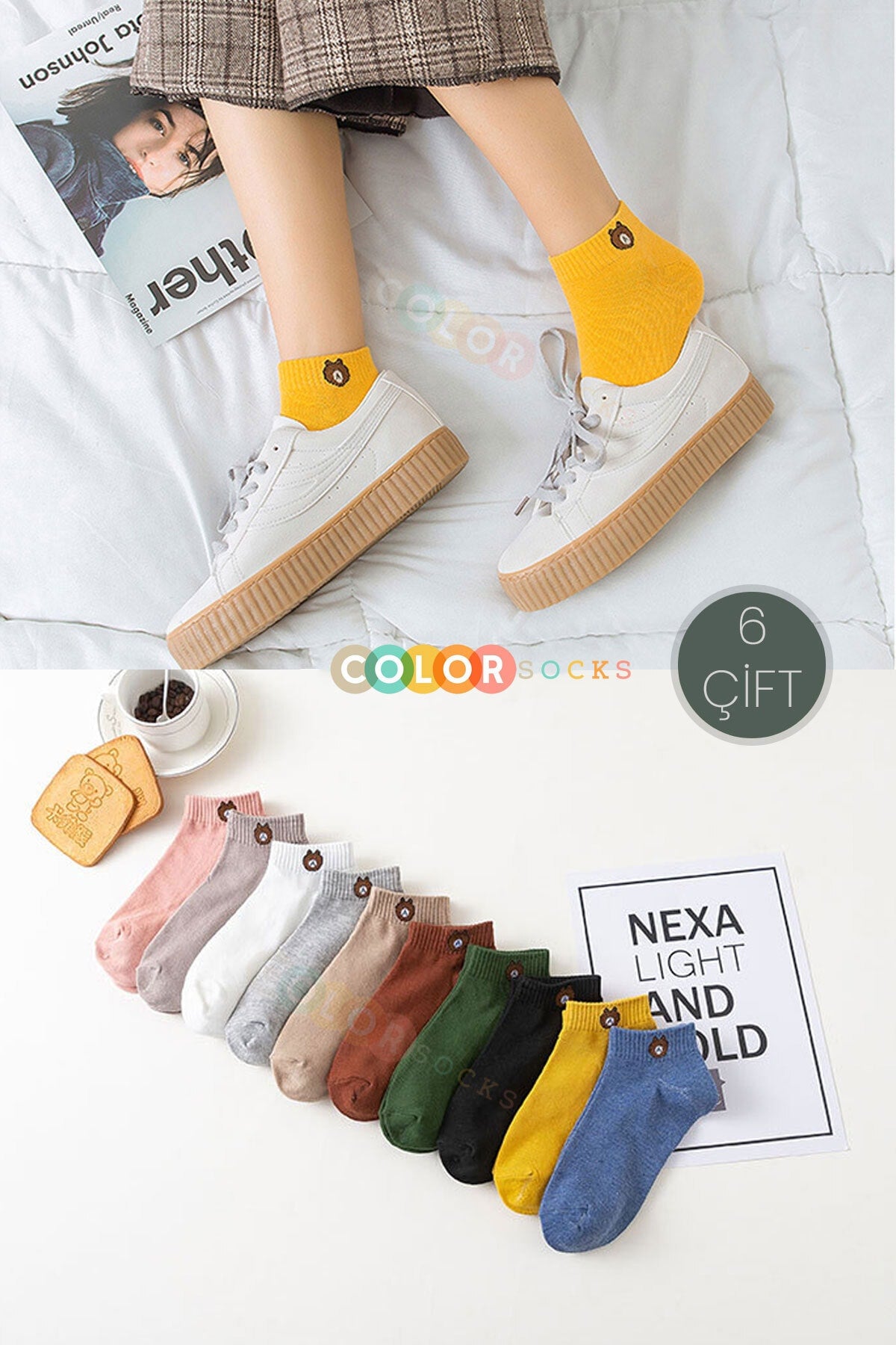 Color Socks 6 Çift Sevimli Teddy Bear Çorap Çok Renkli