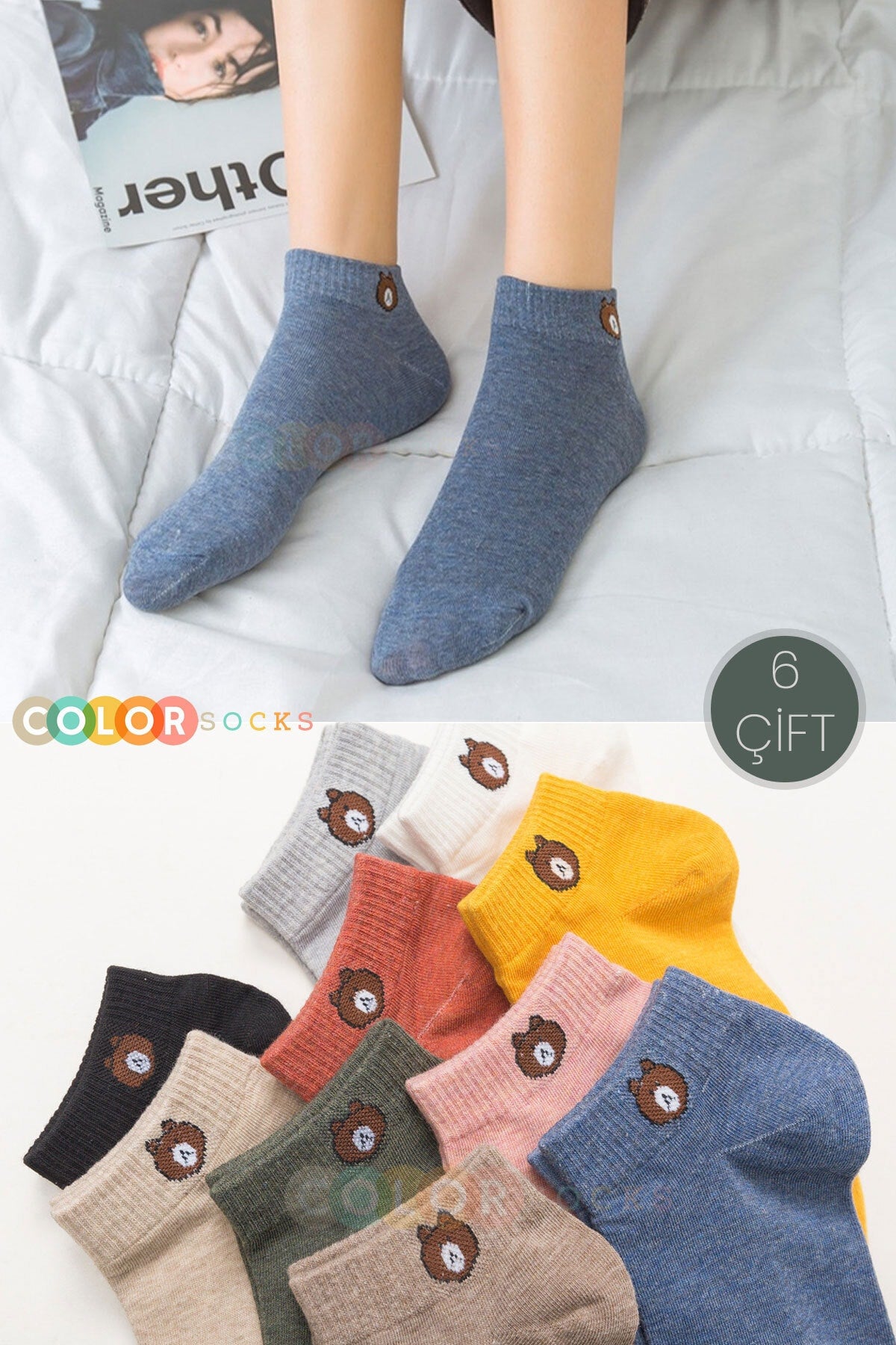 Color Socks 6 Çift Sevimli Teddy Bear Çorap Çok Renkli