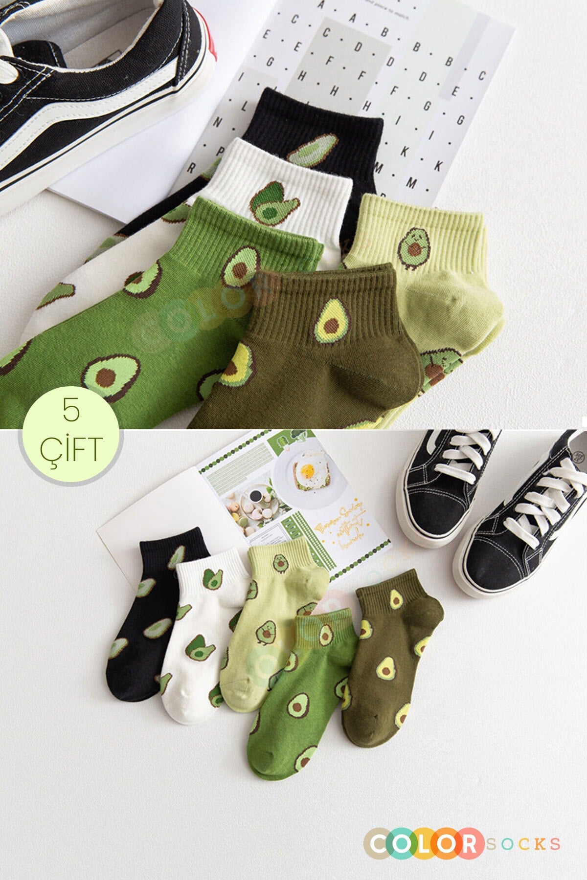 Color Socks 5 Çift Sevimli Avakadolar Kadın Çorap Seti (ANTİBAKTERİYEL) Çok Renkli