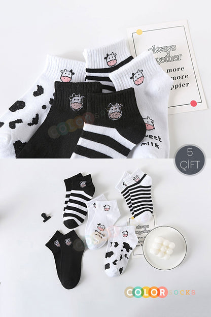 Color Socks 5 Çift Sevimli Inek Desenli Yarım Konç Kadın Çorap Çok Renkli