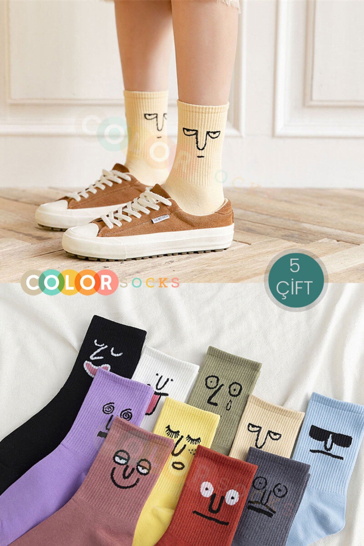 Color Socks 5'li Eğlenceli Surat Ifadeli Unisex Çorap Seti Çok Renkli