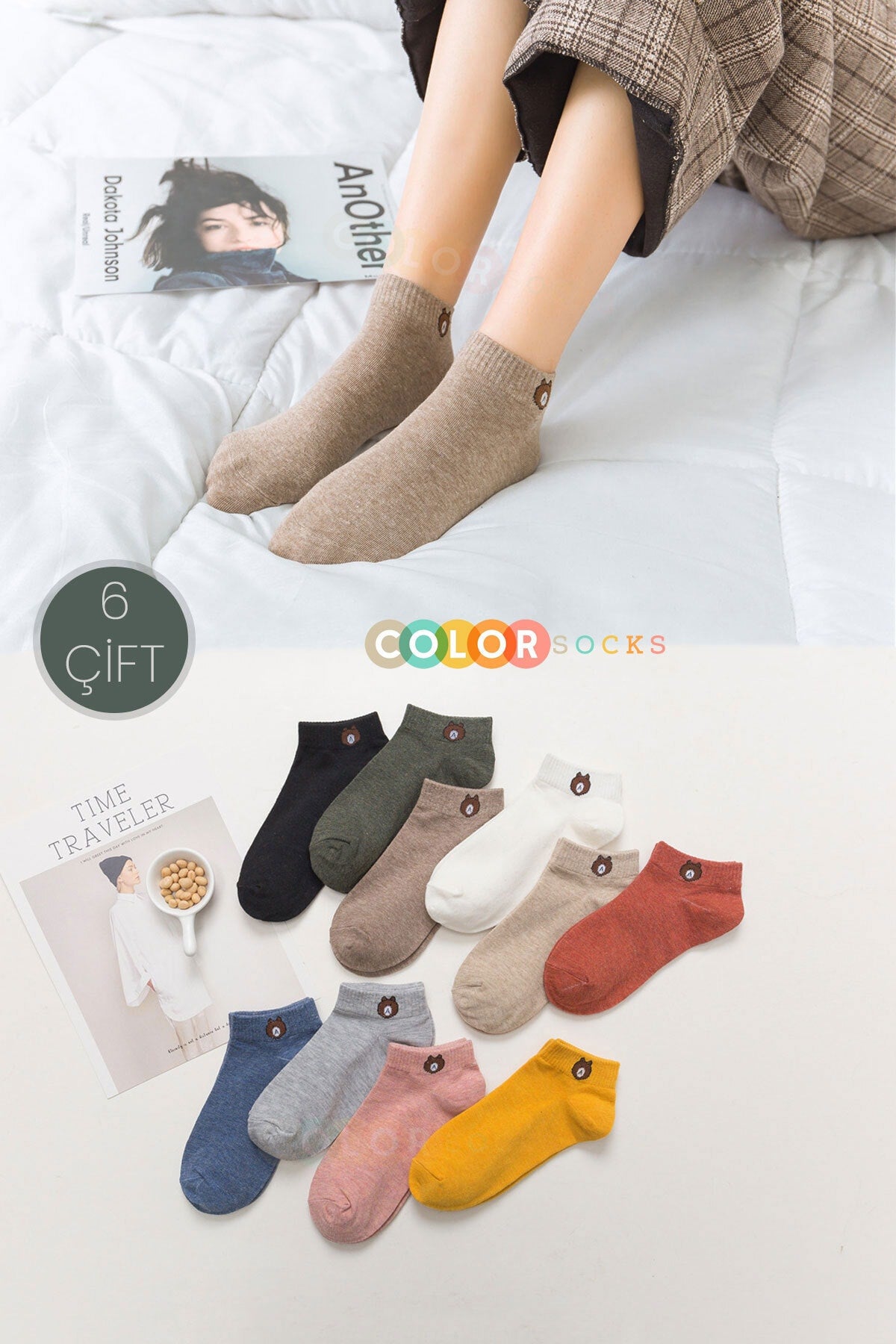 Color Socks 6 Çift Sevimli Teddy Bear Çorap Çok Renkli