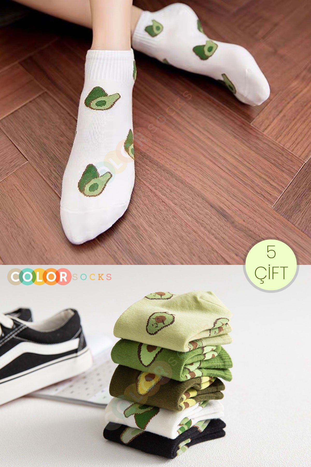 Color Socks 5 Çift Sevimli Avakadolar Kadın Çorap Seti (ANTİBAKTERİYEL) Çok Renkli
