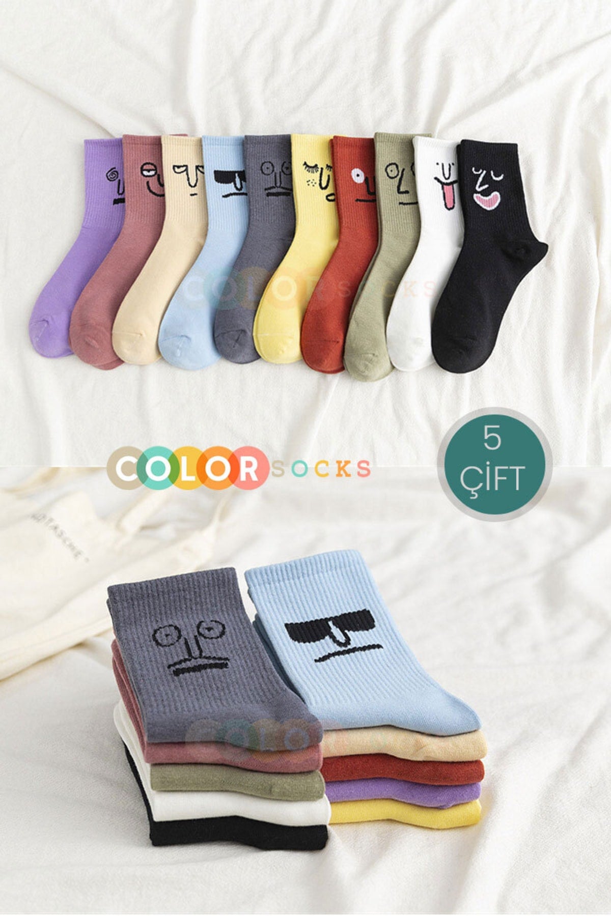 Color Socks 5'li Eğlenceli Surat Ifadeli Unisex Çorap Seti Çok Renkli