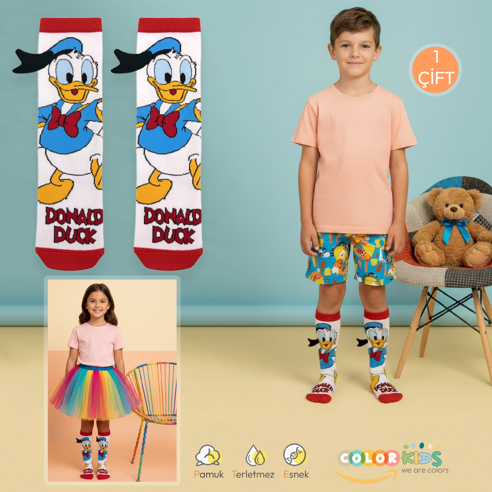 1 Çift Beyaz Ördek Desenli Animasyon Çorap (Soft Touch)