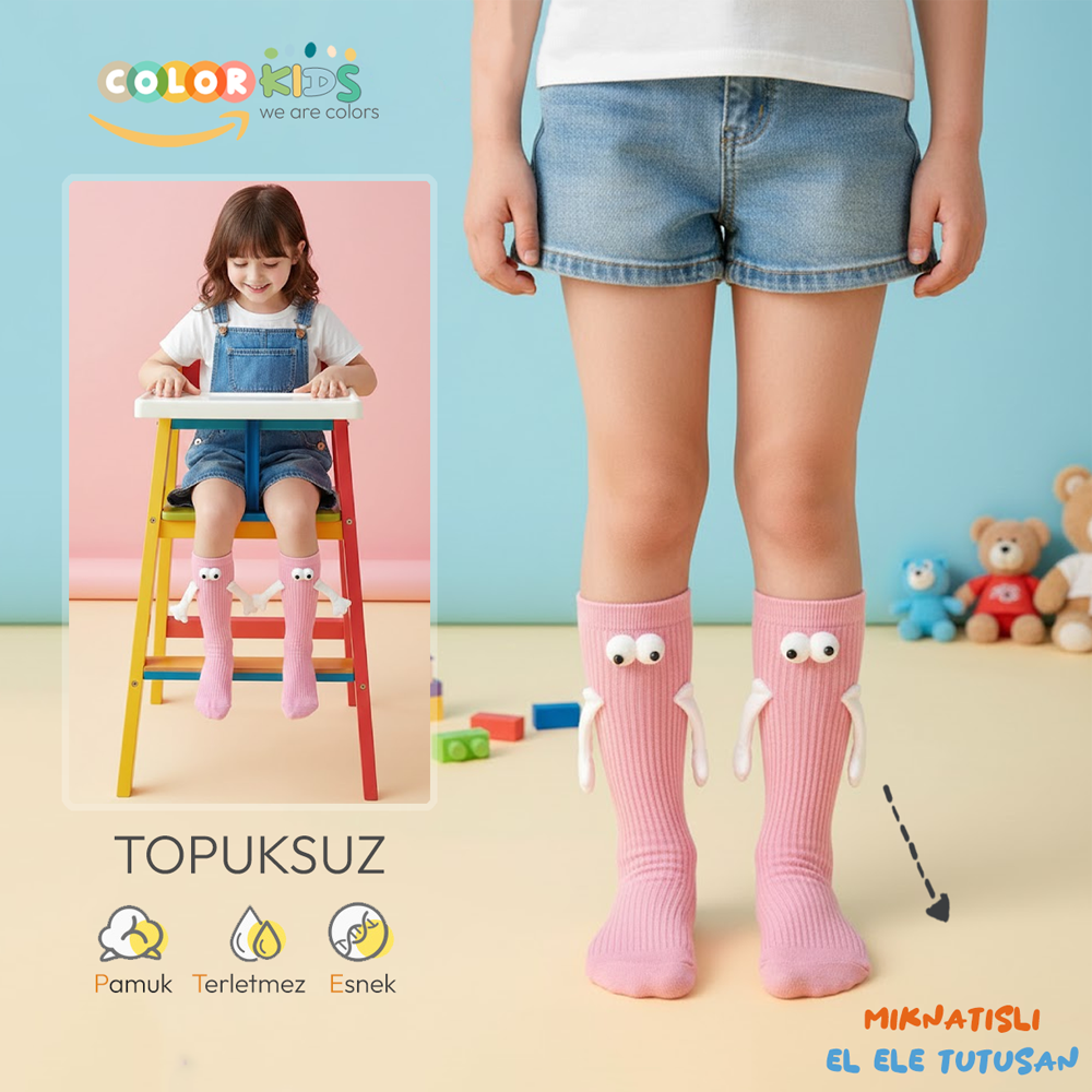 1 Çift Pembe Çocuk Topuksuz Mıknatıslı El Ele Tutuşan Çorap
