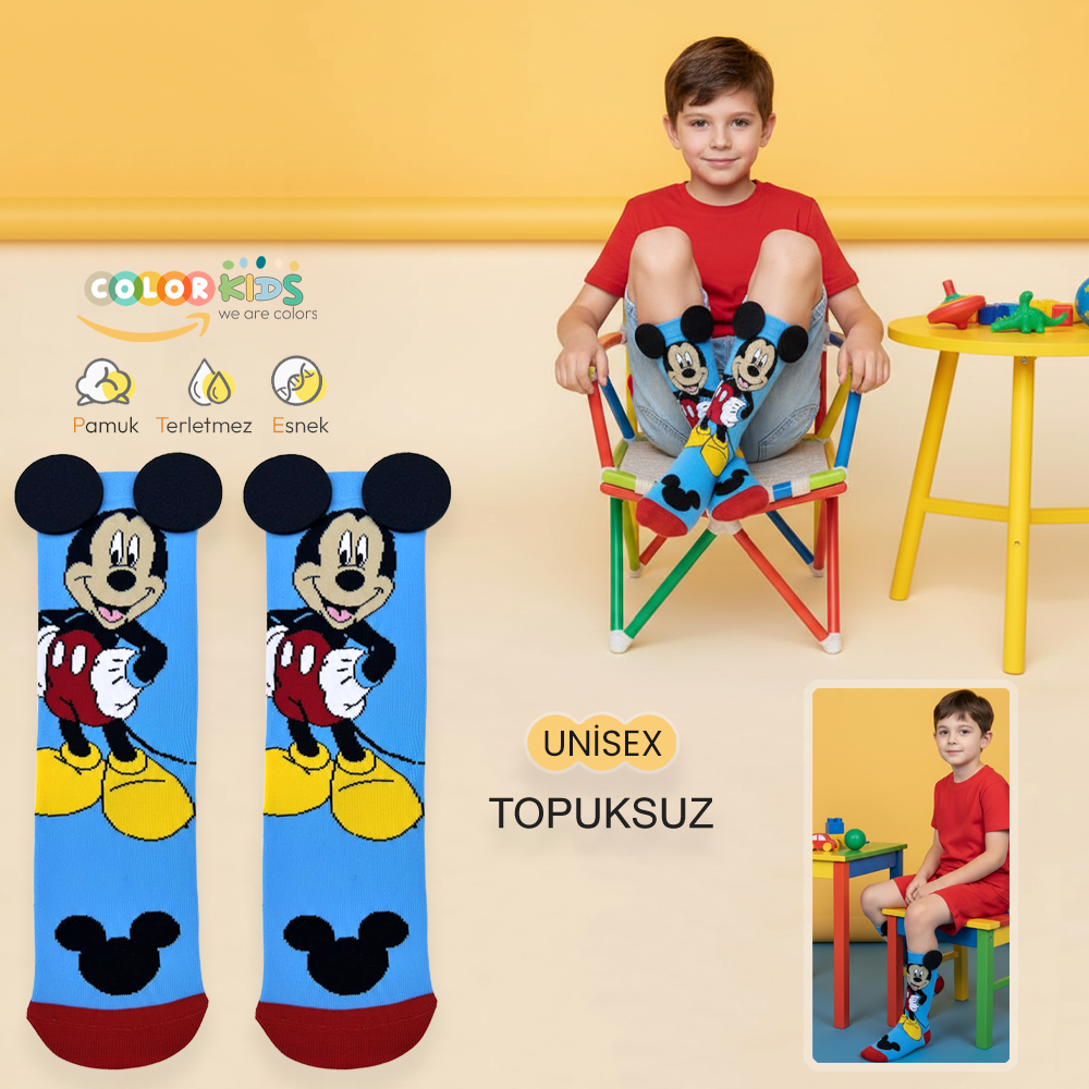 1 Çift Çizgi Karakterli Mavi Renk Dizaltı Çocuk Çorap