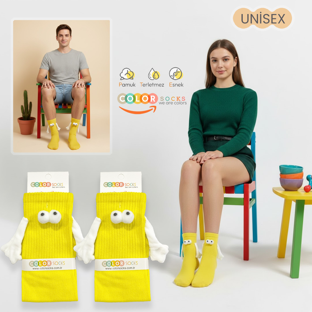 1 Çift Yetişkin Unisex Sarı Mıknatıslı El Ele Tutuşan Çorap (Topuksuz)