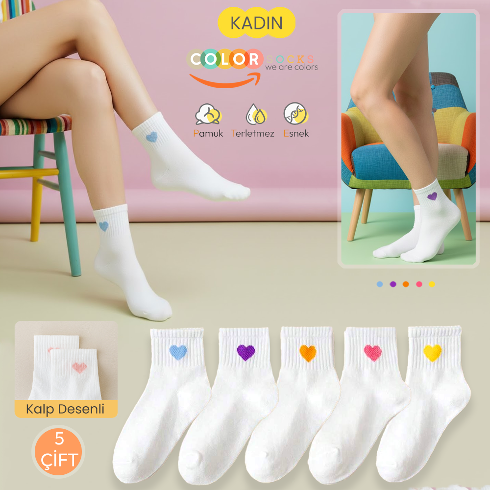 5 Çift Beyaz Renkli Kalp Desenli Kadın Çorap (Extra Soft)