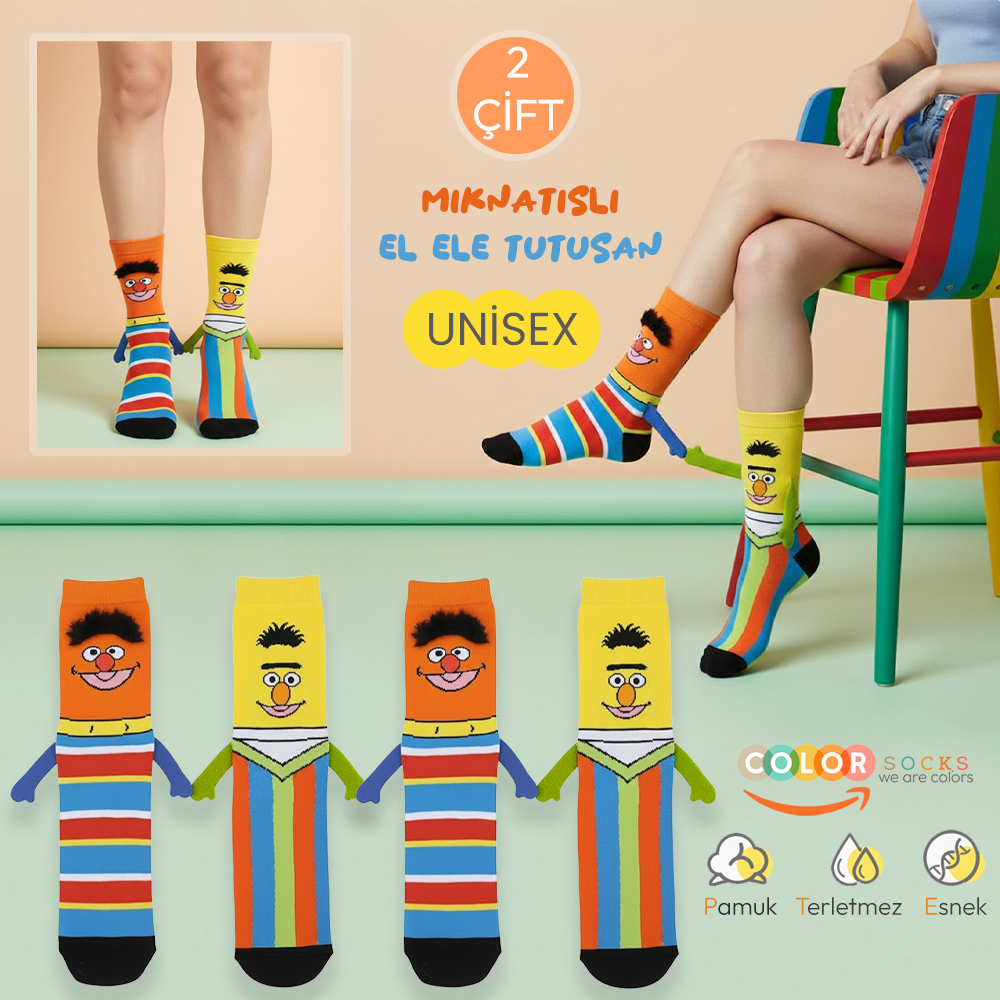 2 Çift Tüylü El Ele Tutuşan Özel Karakterler Çorap Seti (Unisex)