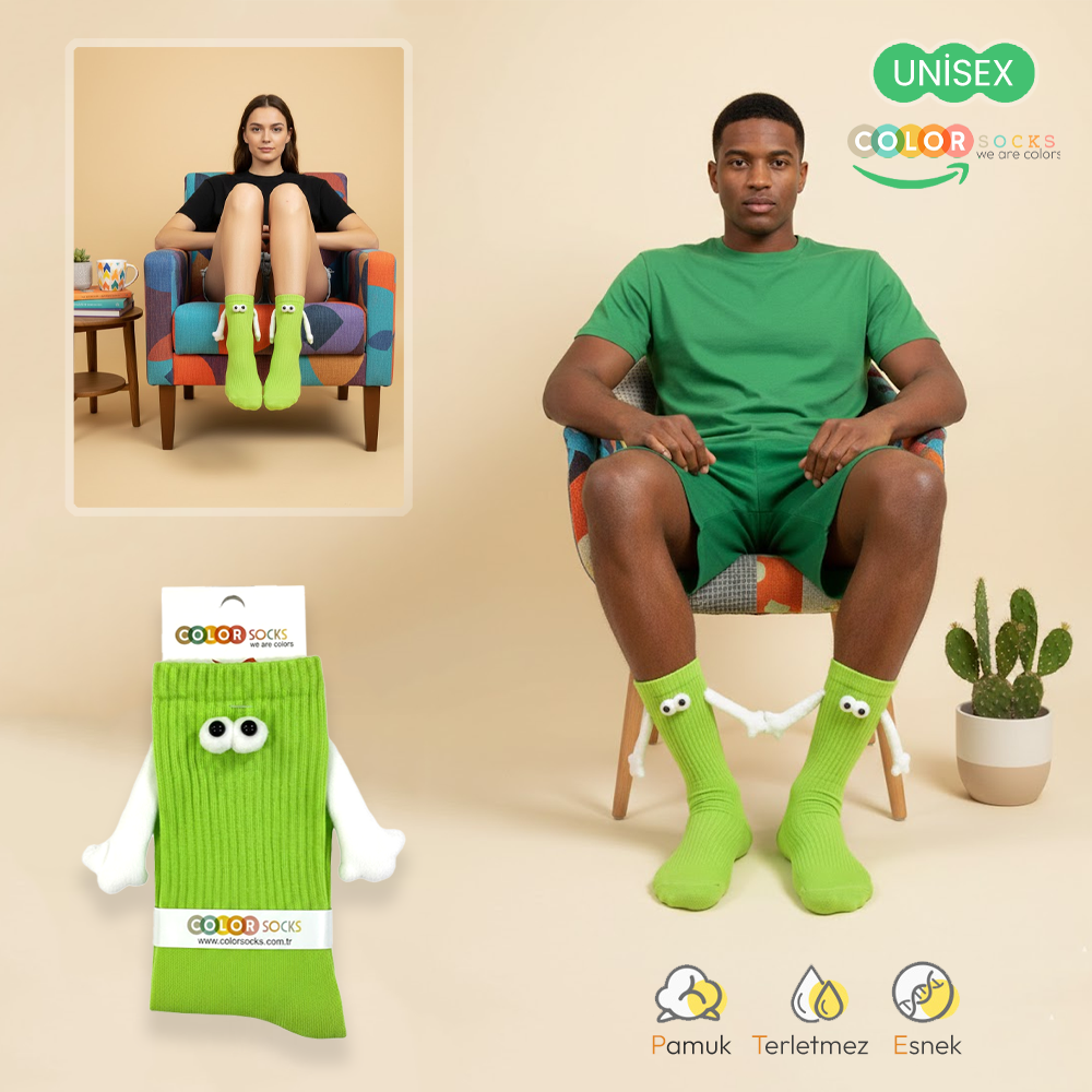Color Socks 1 Çift Yeşil El Ele Tutuşan Mıknatıslı Çorap Seti (Unisex) TOPUKSUZ